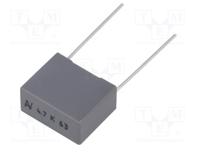 4.7mkF/63VDC, 40VAC, ±10%, poliesters kondensātors 15mm, 18x8.5x14.5mm, KEMET