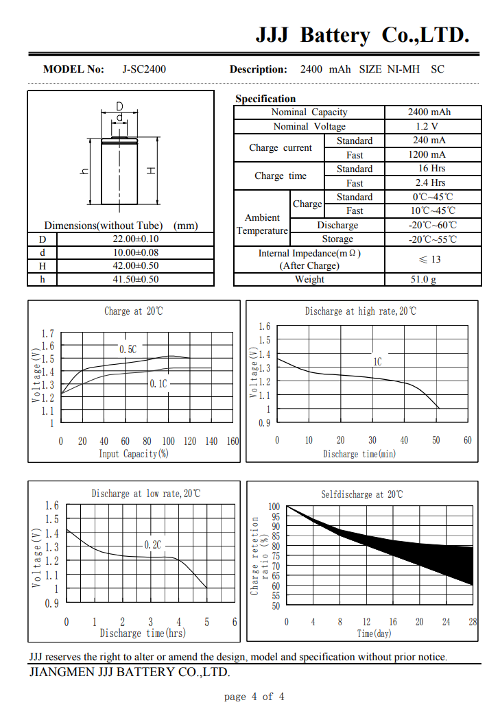 Akumulatori SubC, JJJ, ar plakaniem izvadiem, Ni-MH, 3000mAh, Ø22x42mm, 1.2V, 55.7gr.