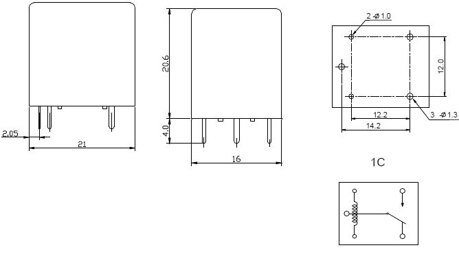 Relejs DC24V, SPDT, 16A/250VAC, 16A/30VDC, 1600Ω(15mA), viens kontakts uz pārslēgšanu, 21x20.6x16mm, SHORI ELECTRIC
