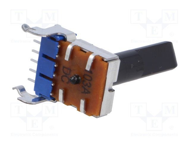 10K stereo, viena rinda, ±20%, 50mW, potenciometrs ar logaritmisku atkarību, vertīkalais, ass D-profils, D=6mm