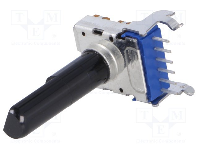 10K stereo, viena rinda, ±20%, 50mW, potenciometrs ar logaritmisku atkarību, vertīkalais, ass D-profils, D=6mm