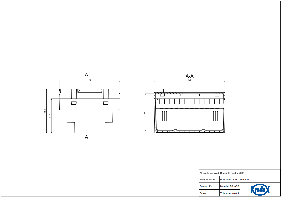 Plastmasas korpuss, 104x90x65mm, polistirens, for DIN rail mounting, peleka krasa