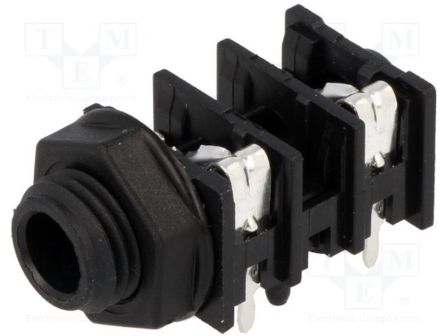 6.35mm ligzda, mono, plastmasas, THT, skrūvejamas šasijai M9, plastmasu uzgrieznis melna, on/off, AMPHENOL