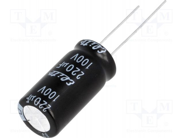 220/100V, 105C, Ø12.5x25mm, ±20%, Kondensators elektrolītisks, 2000h, Elite, ar lokaniem izvadiem