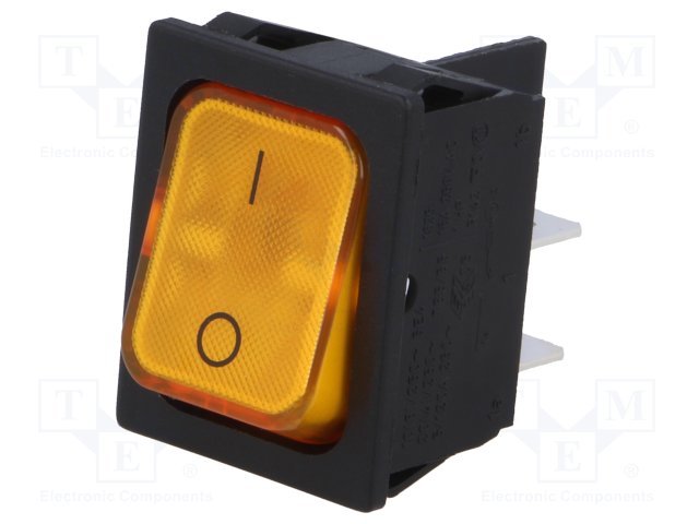 Taustiņslēdzis DPST, OFF-ON, 20A/250VAC, 31.5x25x16.20mm, IP40, (O-I), 6.3x0.8mm, dzeltenā krasa, apgaismošana 230VAC, ar fiksāciju, Marquardt
