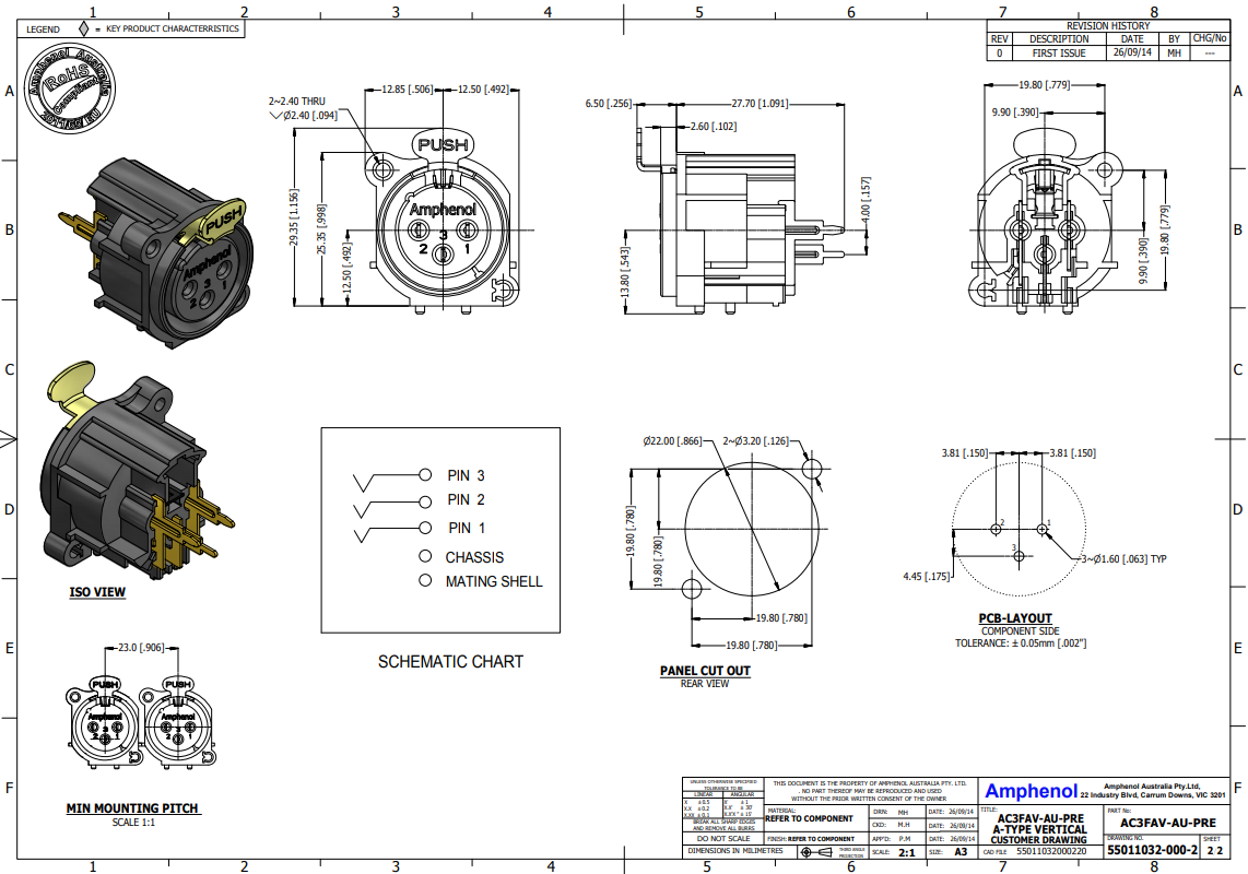 XLR 3PIN, ligzda, šasijai (2 skrūves), taisns, AMPHENOL