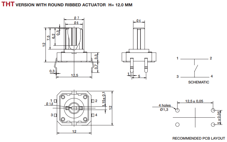 Mikroslēdzejs horizontāls, SPST-NO, OFF-(ON), 0.05A/12VDC, THT, 12x12x4mm, 1.8N, L=8mm