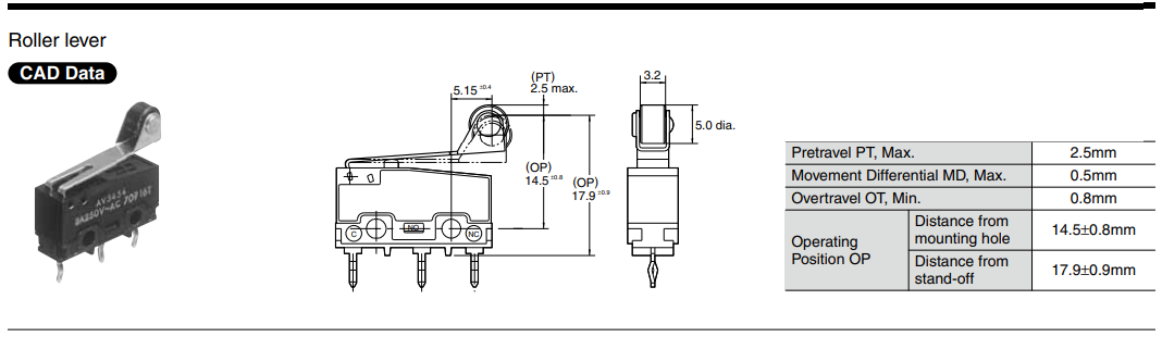Mikropārslēdzējs ar sviru (ar ruliti) L=25mm, SPDT, ON-(ON), 5A/250VAC, 5A/30VDC, PCB, IP40, 0.59N, 19.8x6.4x10.1mm, viens kontakts, PANASONIC