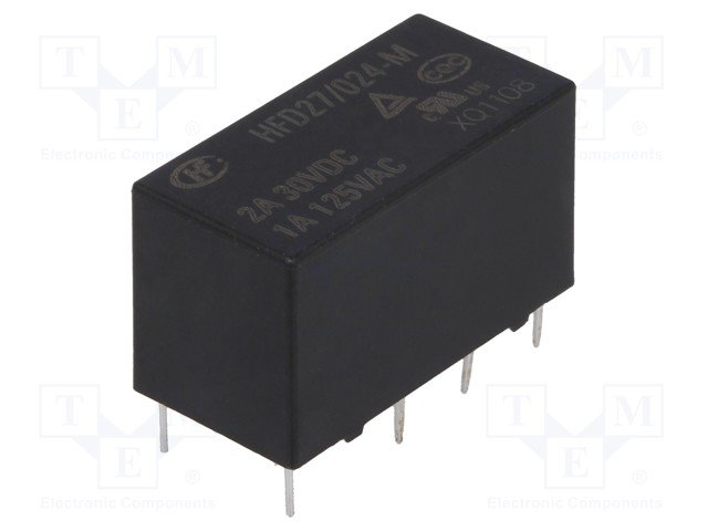 Relejs DC24V, DPDT, 2x1A/125VAC, 2x2A/30VDC, 1.6kΩ(15mA), divi kontakti uz pārslēgšanu, 20.2x10x11.5mm, HONGFA RELAY