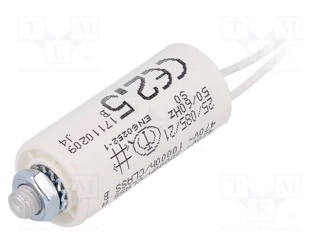 2.5/470V+cable elektromotoru kondensators, ±5%, Ø25x55mm, M8, 10000h, KEMET