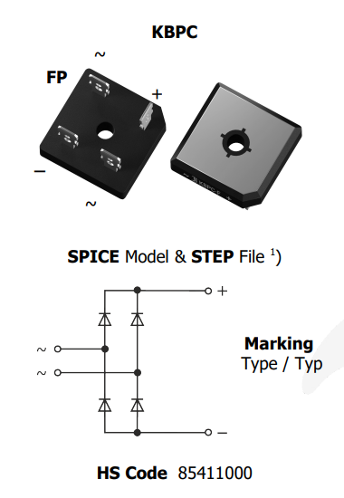 KBPC5006FP Tiltiņš 600V, 50A, plakanā veida izvadi FASTON