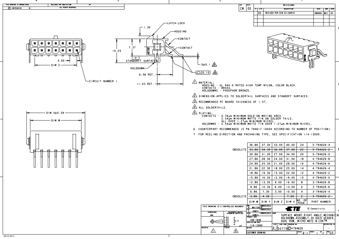 10pin(2x5), MicroFit(MATE-N-LOK), "mama/SMD", šasijai, solis=3x3mm, 5A, leņķisks 90°