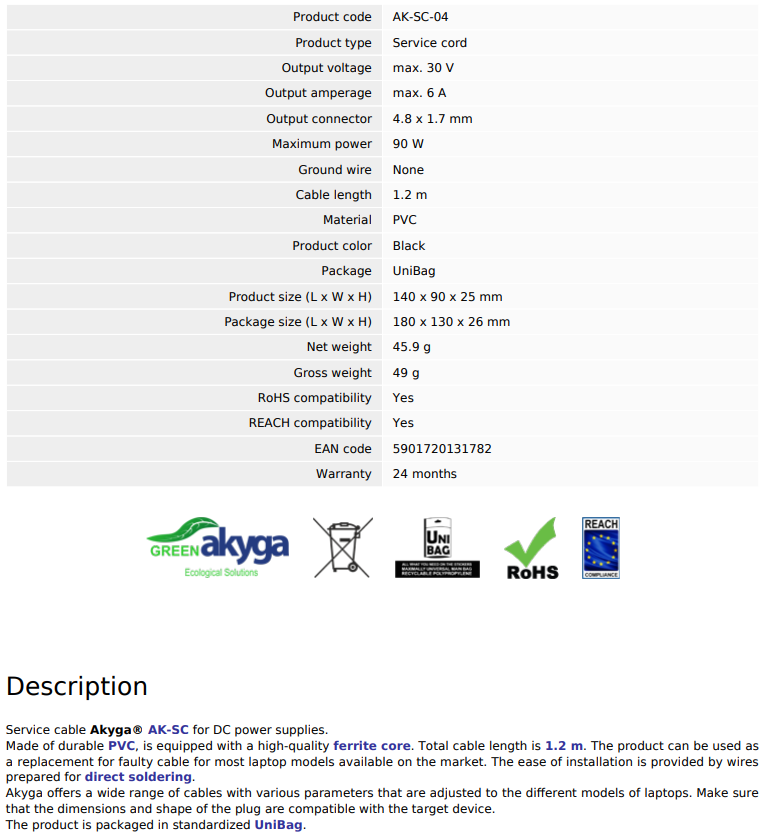 4.8*1.7mm, L=11mm, leņķisks štekers, 30V/5A, 0.5mm2, ar vadu 1.2m