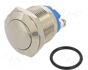 Poga M19x24mm, SPST-NO, OFF-(ON), 2A/36VDC, IP65, metalā, antivandalā, bez fiksacijas