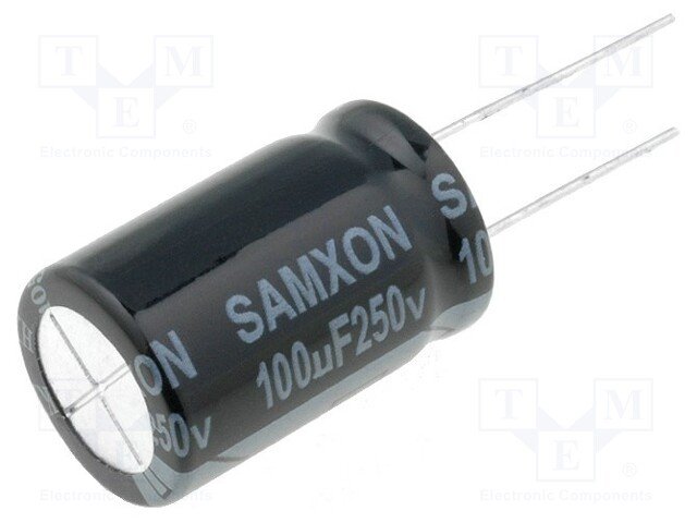 100/250V, 105C, Ø16x25mm, ±20%, Kondensators elektrolītisks, 2000h, SAMXON, ar lokaniem izvadiem