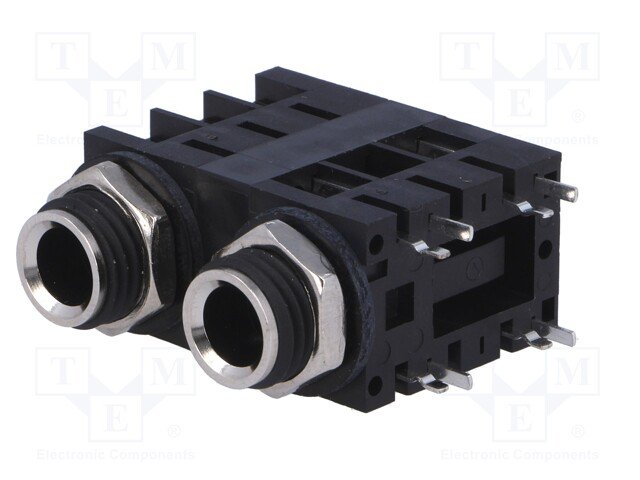 6.35mm 2 ligzdas, mono, plastmasas, THT, skrūvejamas šasijai M10,  metāla uzgrieznis, 2 x on/off, AMPHENOL