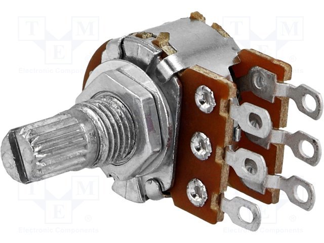 22K stereo, Ø17x11mm, D=6mm, L=9mm, 125mW, ±20%, potenciometrs ar linearu atkarību, lodējamie izvadi