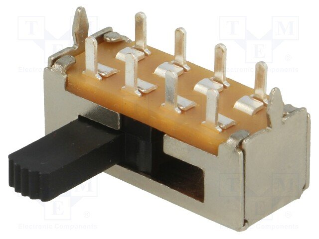 Pārslēdzējs slīdbīdņu DP3T, 1A/125VDC, ON-ON-ON, 8pin, 25x10x10mm, L=10.9mm, leņķisks, divi kontakti uz trīm stāvoklim