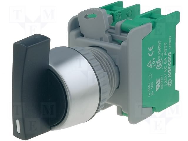 Paneļu slēdzejs, 22mm, 3 poz., (ON)-OFF-(ON), IP65, 3A/230VAC, melns, divi kontaktu uz saslēgšanu