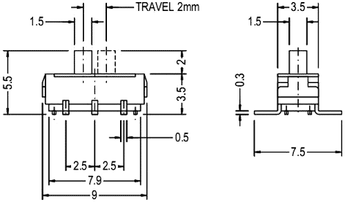 Pārslēdzējs slīdbīdņu DPDT, 0.3A/6VDC, ON-ON, 9x3.5x3.5mm, SMD, L=2mm, taisns, divi kontakti uz divam stāvoklim