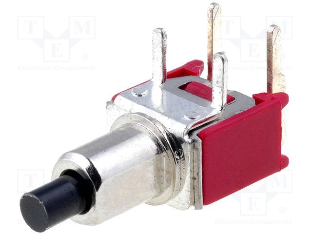 Poga SPST-NO, OFF-(ON), 1A/125VAC, 1A/28VDC, Ø6.35mm, 8.67x14.65mm, leņkisks, uz plate, bez fiksacijas