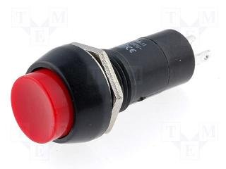 Poga SPST-NO, OFF-ON, 1A/250VAC, Ø12mm, Ø17.2x35.2mm, sarkanā krasa, ar fiksaciju