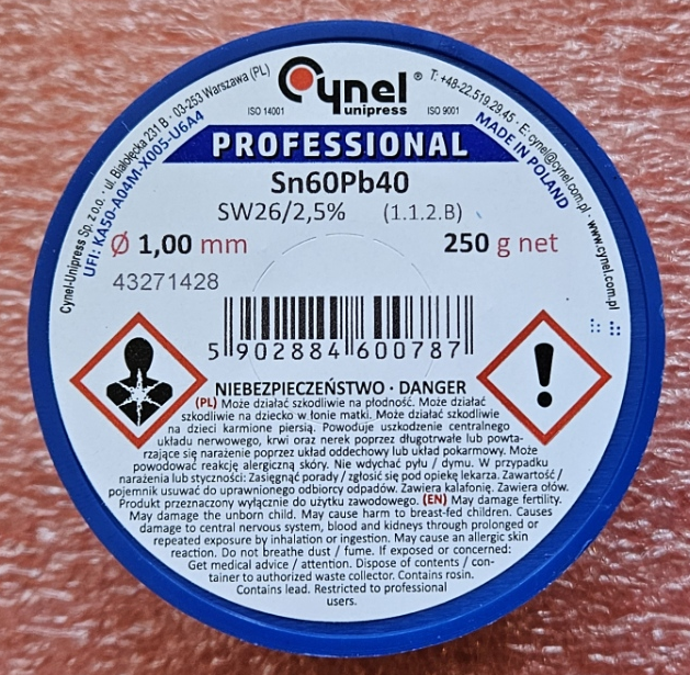 1mm 60Sn/40Pb, 250g, Lodalva ar flusu F-SW26, No Clean, 2.5%, 190°C