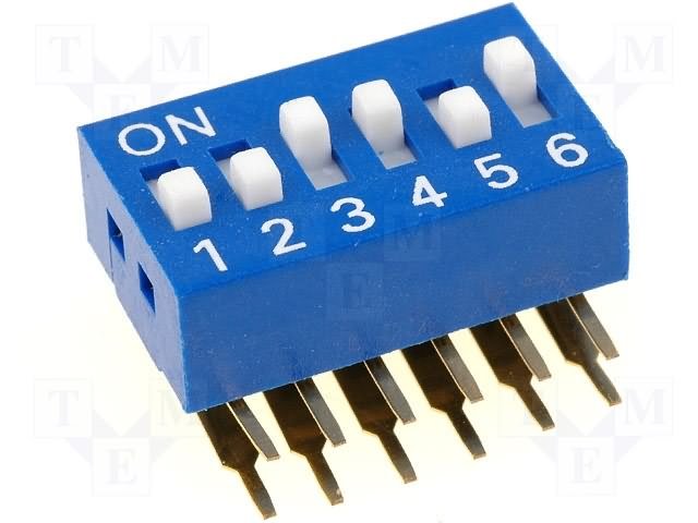 Pārslēdzējs slīdbīdņu DIP-6*2.54, ON-OFF, 0.05A/12VDC, vertikala veida