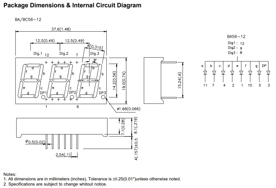 7LED indikators, trijkāršs, 14.2mm, 19x37.6mm, kopējs anods, dinamiska indikacija, sarkana krasa