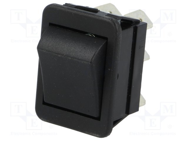 Taustiņslēdzis DPDT, ON-(ON), 16A/250VAC, 20A/28VDC, 25x32mm, melna krasa, bez fiksācijas, BULGIN