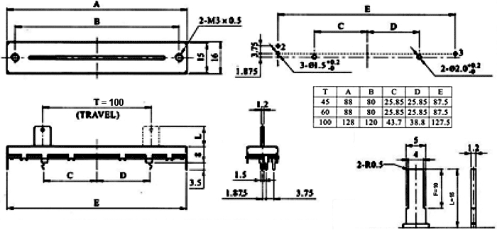 10k stereo slīdbinžu potenciometrs,  lineāre atkarība, STEREO, metalisks, 500mW, 128x16x8mm, ALPS