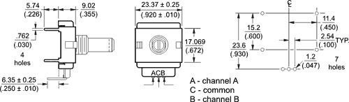 Enkoders, 24imp/revol., izeja in 2 bit Gray code, 350V/10mA, rokturis 6.35mm, 23x17mm