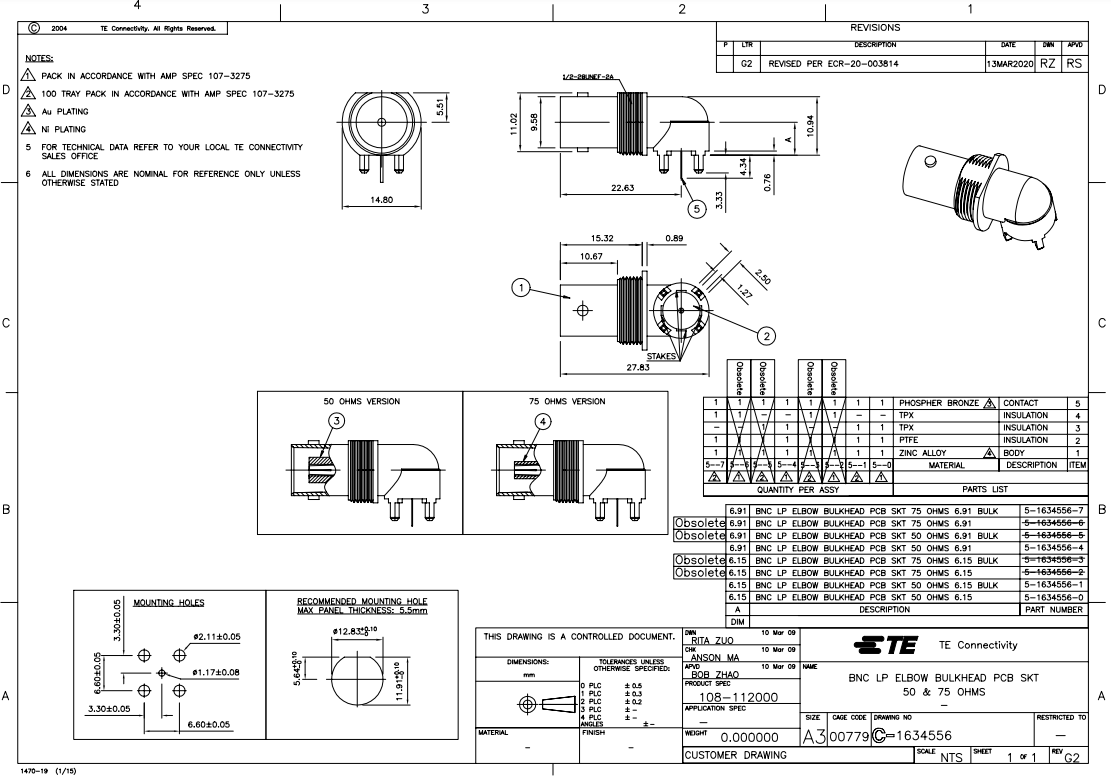 BNC ligzda, šasijai, neizolēts, leņķisks 90°, 50Ω, THT