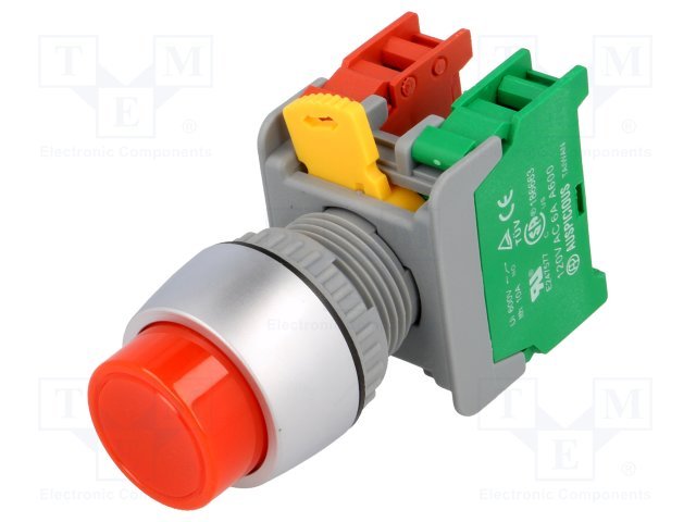 Paneļu slēdzejs, 22mm, 2 poz., OFF-(ON), (uzstājošās sarkanā), IP65, 3A/230VAC, divi kont. uz sasl/atslēg. bez fiksācijas