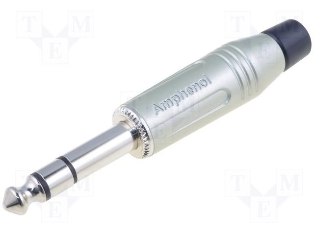 6.35mm štekers, stereo, metālisks, uz vadu, ar amortizatoru, sudrabots/pēleks, AMPHENOL