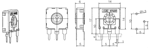 100K Rezistors pieskaņotais vertikalā, 14x14x6mm, 250mW