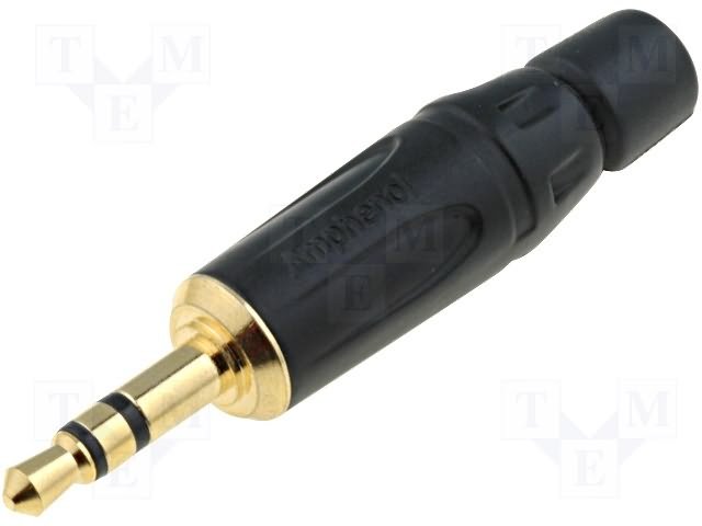 3.5mm štekers, stereo, metālisks, uz vadu, ar amortizatoru, GOLD/melns, AMPHENOL