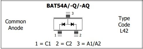 BAT54A(L42)(*V3), SMD, 2xDiodes Schottky, 30V, 2x0.1A, 5ns, (Katod-Anod-Katod) (---|<|---/--- |>|---), SOT23