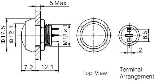Antivandala poga, SPST-NO, OFF-(ON), 2A/36VDC, IP65, Ø17.5x22.8mm, M12, sarkana