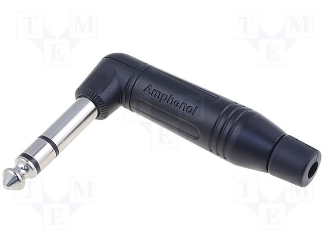 6.35mm štekers, stereo, metālisks, uz vadu, ar amortizatoru, sudrabots/melns, leņkisks, AMPHENOL