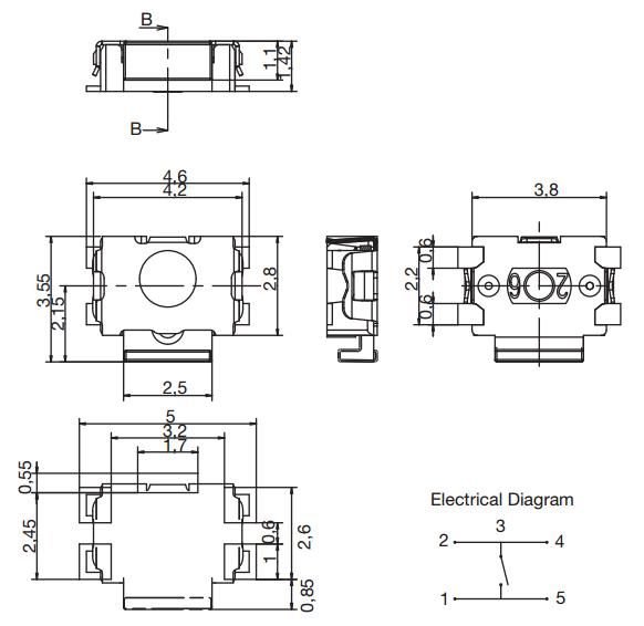 Mikroslēdzejs leņķisks, SPST-NO, OFF-(ON), 0.05A/32VDC, SMD, 4.2x2.8x1.42mm, 3N, L=1.4mm, IP40