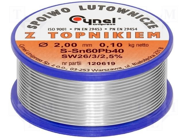 2mm 60Sn/40Pb 100g Lodalva ar flusu F-SW26, No Clean, 2.5%, 190°C
