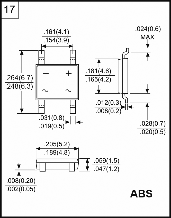 TB8S, SMD, 800V, 1A, 5x5x1.5mm, Taisngriežu tilts, ABS