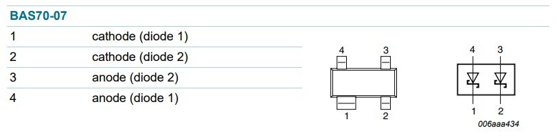 BAS70-07(77), SMD, 2xDiodes Schottky, 70V, 2x0.035A, 5ns, (---|>|---), (---|>|---), (Divas atsevišķas diodes), SOT143