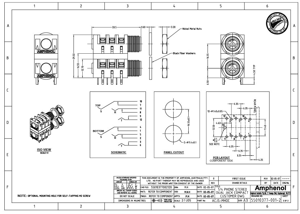 6.35mm 2 ligzdas, stereo, plastmasas, THT, skrūvejamas šasijai M10, metāla uzgrieznis, 3 x on/off, AMPHENOL
