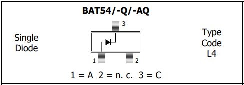 BAT54(L4), SMD, Diode Schottky, 30V, 0.2A, 5ns (---|>|---), SOT23