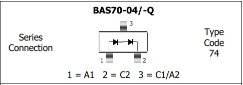 BAS70-04(74), SMD, 2xDiodes Schottky, 70V, 2x0.1A, 5ns, (Anods-Katods/Anods-Katods) (---|>|---/---|>|---), SOT23