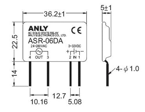ASR-02DA Pusvadītāju relejs Uspol=3÷32VDC, 2A, Ukom=24÷280VAC, SIP, Series: ASR, zero voltage switching