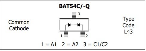 BAT54C(L43)(*W1)(KL3), SMD, 2xDiodes Schottky, 30V, 2x0.1A, 5ns, (Anod-Katod-Anod) (---|>|---/---|<|---), SOT23