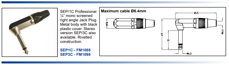 6.35mm štekers, stereo, plastmasas, uz vadu, peleks/melns, leņķisks 90°, CLIFF